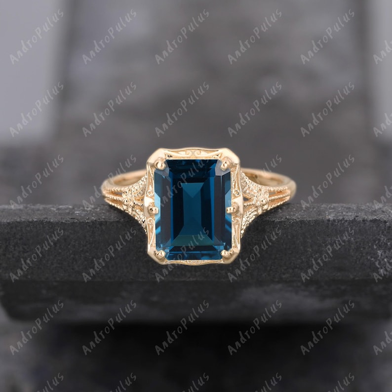 3.0CT Emerald Cut Natural London Blue Topaz 925 Sterling Silver Ring ...