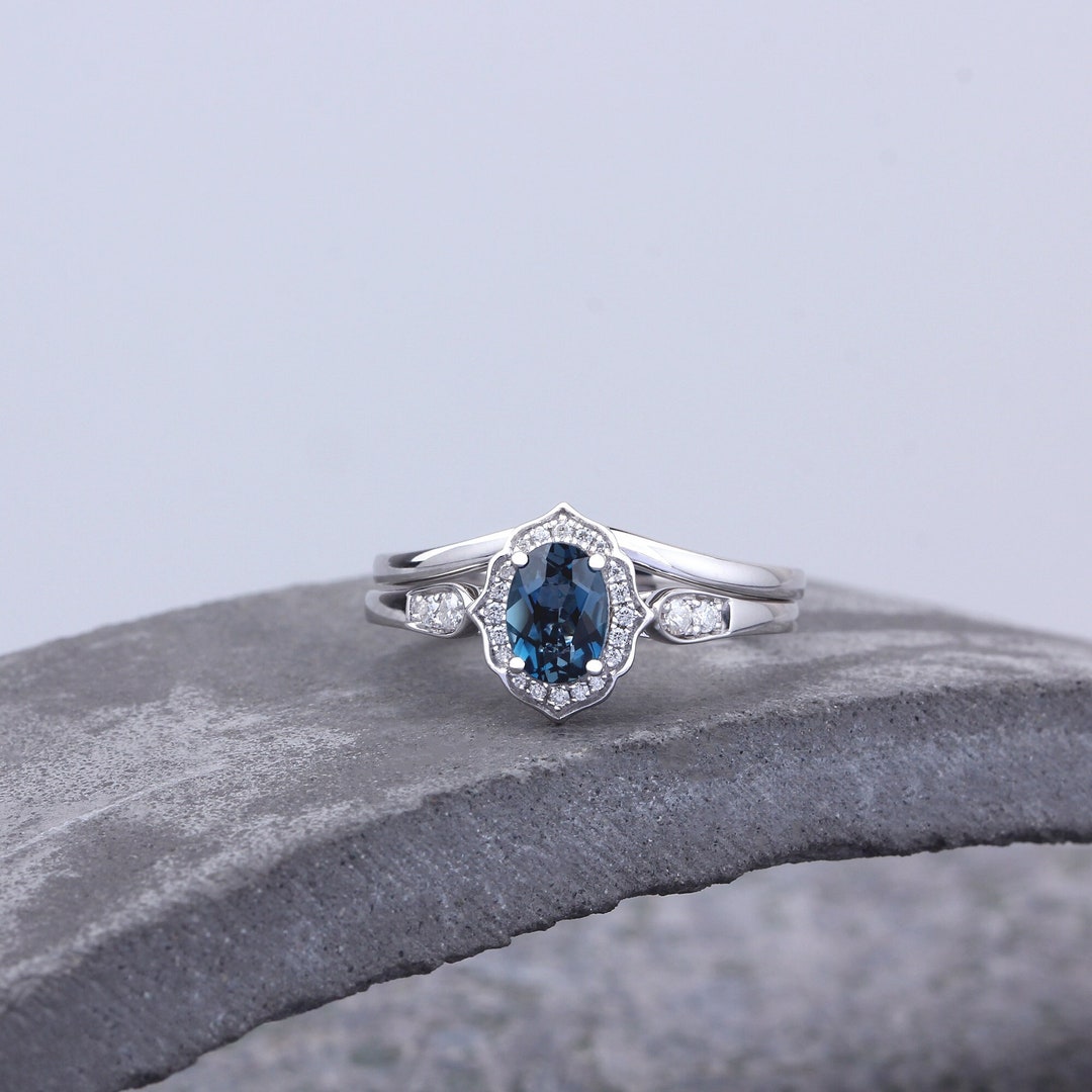 Bridal Set Oval Cut Natural London Blue Topaz Ring Set 925 Sterling ...