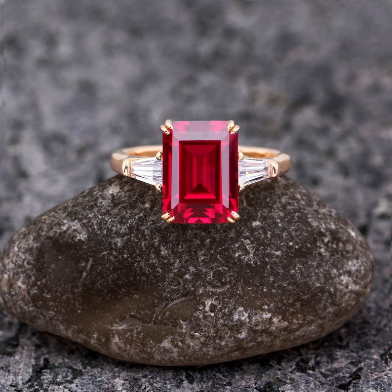 Emerald Cut Lab Created Ruby Engagement Ring for Women Etsy