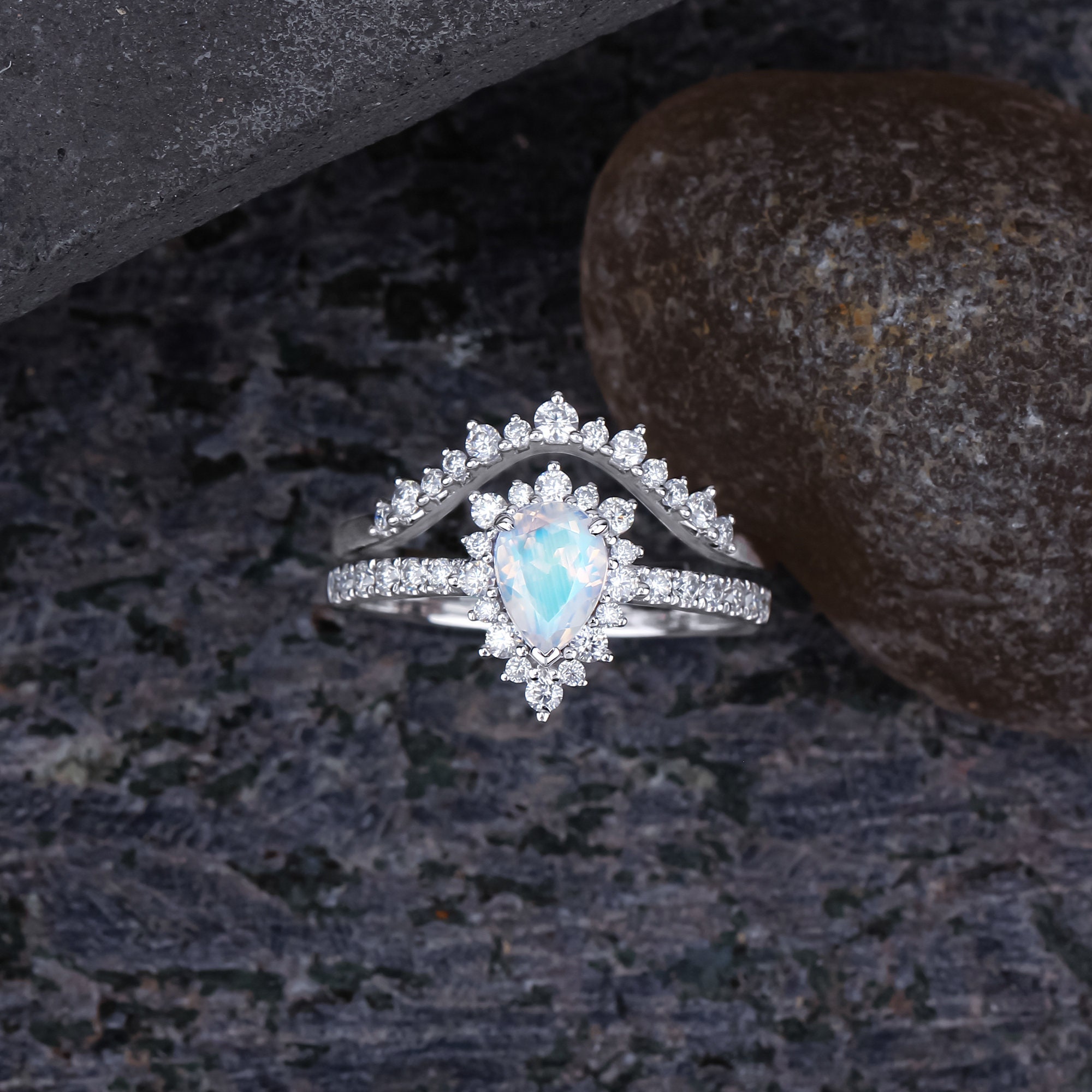 Bridal Set, Teardrop Gemstone Ring, Natural Moonstone White Gold Ring ...