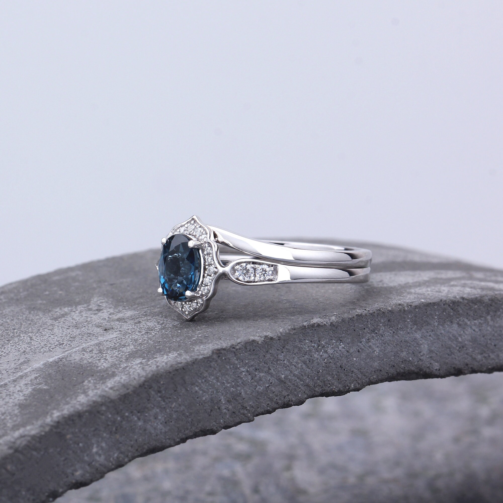 Bridal Set Oval Cut Natural London Blue Topaz Ring Set 925 Sterling ...