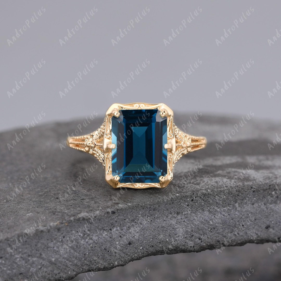 3.0CT Emerald Cut Natural London Blue Topaz 925 Sterling Silver Ring ...