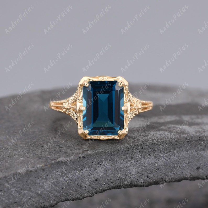 3.0CT Emerald Cut Natural London Blue Topaz 925 Sterling Silver Ring ...