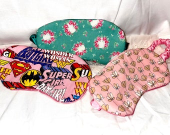 Mother's Day Gift, Sleeping mask, satin pink/teal mask, cotton Japanese printed Lotus flower, Supergirl, Wonder Woman, Batgirl, floral mask.