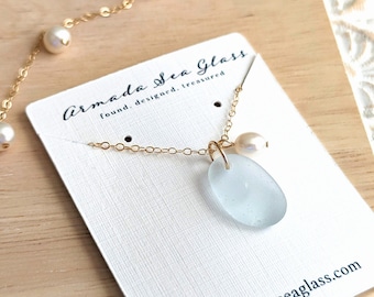 Genuine Sea Glass Pearl Necklace 14k Gold Filled, Sea Glass Jewelry, Sea Glass Pendant, Beach Jewelry, Gold Pearl Seaglass Necklace