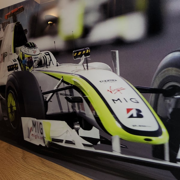 Formula 1 Brawn GP  Jenson Button in action, panoramic Acrylic print professionally printed
