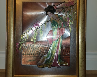 Aluminum graphic foil art painting/print representing Geisha signed by Jane LaHive