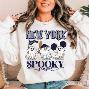 New York Baseball Navy Team Spooky Season Cute Ghost Vintage Sweatshirt, Lets Go New York Baseball Team Hoodie, Baseball Mom Shirt, For Her