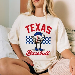 Texas baseball comfort kleur grappige mascotte glimlachend vintage tshirt, baseball gameday retro klassiek unisex shirt, Texas sport-T-shirt, voor haar