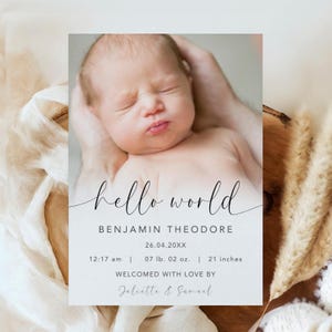 Modèle pour faire-part de naissance nouveau-né avec photo, carte neutre de faire-part de naissance, présentation de la naissance, Bonjour tout le monde, modèle de toile bricolage