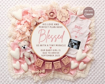 Religious Digital Pregnancy Announcement TEMPLATE for Girl, Scripture Baby Announcement, Gender Reveal, Social Media Reveal, Canva Template