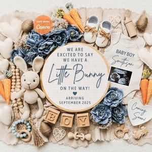 May include: A baby announcement with a blue and white sign that says "We are excited to say we have a Little Bunny on the way! Arriving September 2025". The sign is surrounded by blue flowers, carrots, a crocheted bunny, and other baby items.
