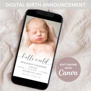 Plantilla de anuncio digital de bebé con foto, anuncio de nacimiento neutro para teléfono, introducción de nacimiento con texto electrónico, plantilla de Canva