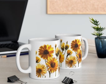 God&#39;s Sunshine Blooms: Yellow Floral Pattern Ceramic Mug 11oz