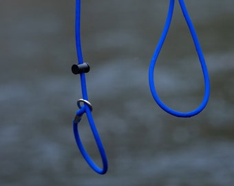 May include: A blue dog leash with a silver clip and a black ring. The leash is made of a durable material and is perfect for walking your dog.
