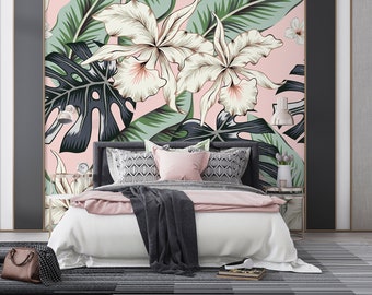 White Orchid Mural for Bedroom, Floral Non-Woven Wallpaper, Green Monstera Unpasted Wallpaper, Tropical Banana Leaves Peel & Stick Wallpaper