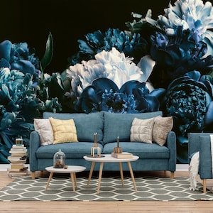 Dark Blue Peonies Peel & Stick Wallpaper, Floral Non-Woven Wallpaper, Natural Flowers Unpasted Wallpaper, Floral Wall Mural for Bedroom