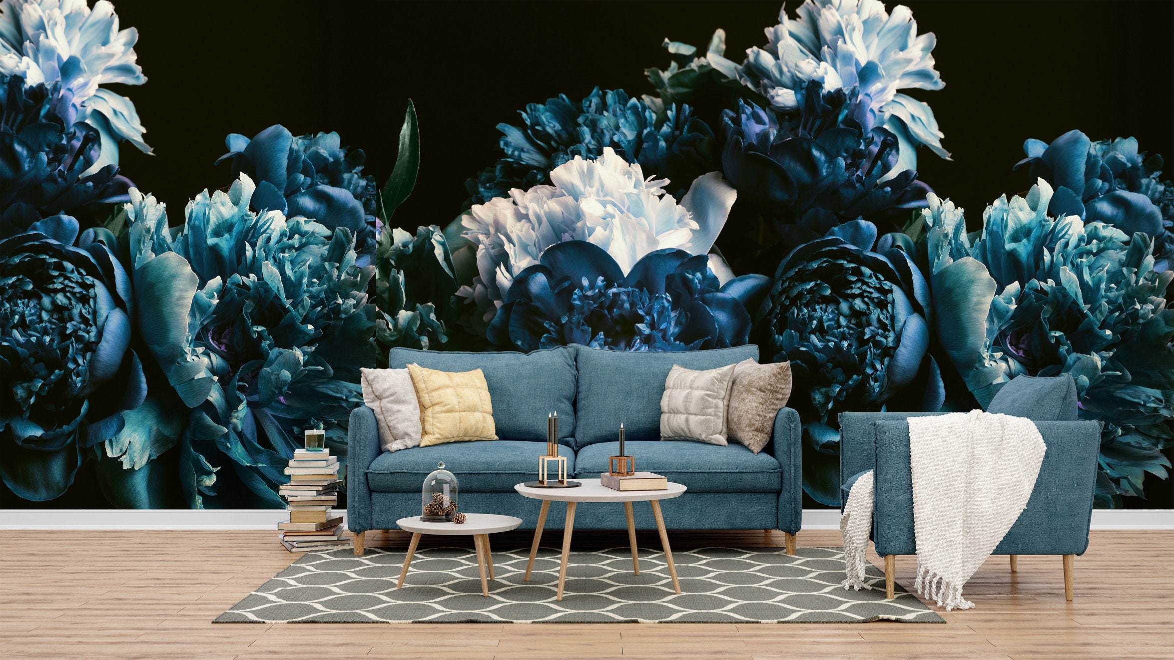 Dark Blue Peonies Peel & Stick Wallpaper Floral Nonwoven Etsy