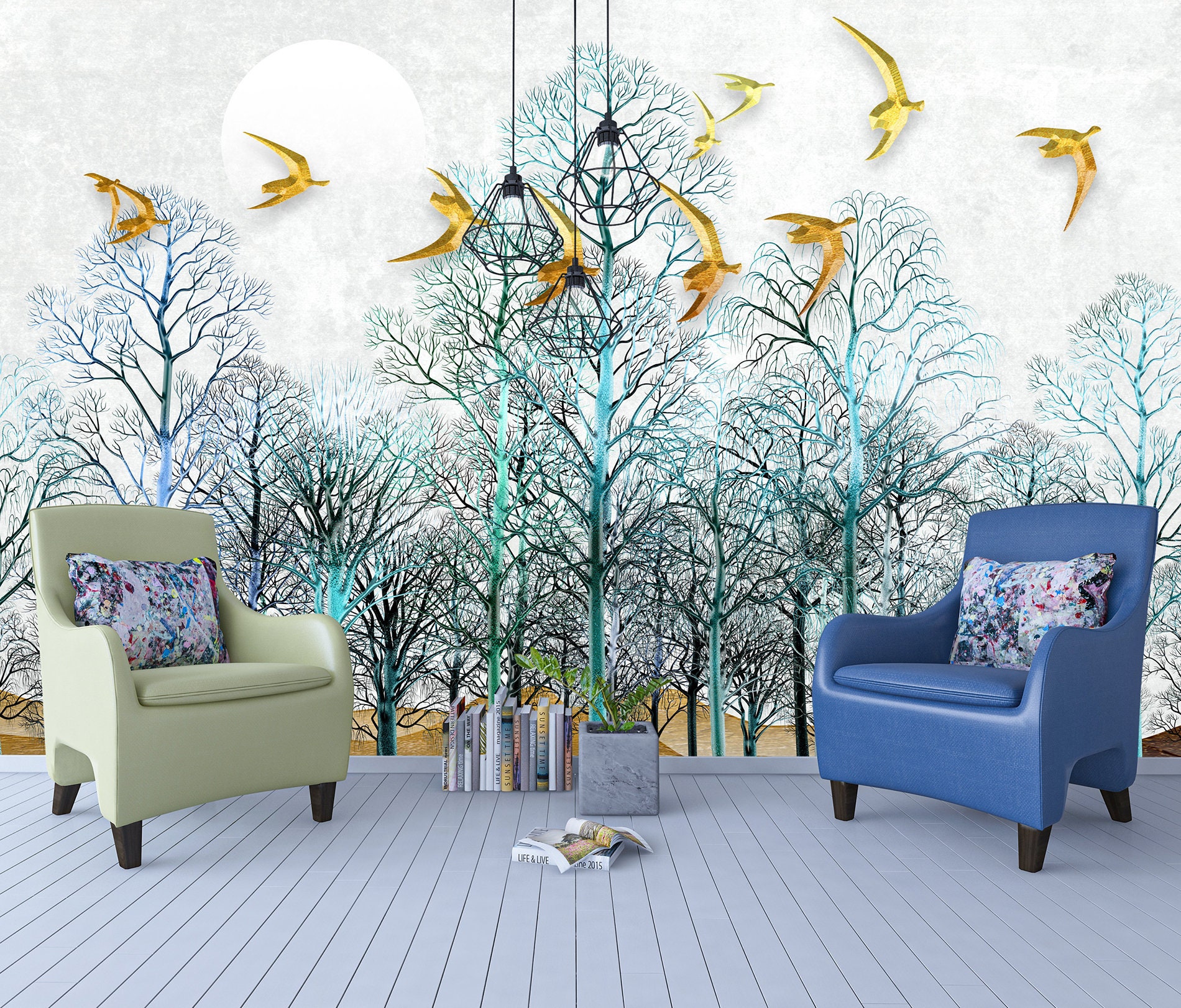 Forest Trees and Birds Peel & Stick Wallpaper, Gold Birds Non-woven