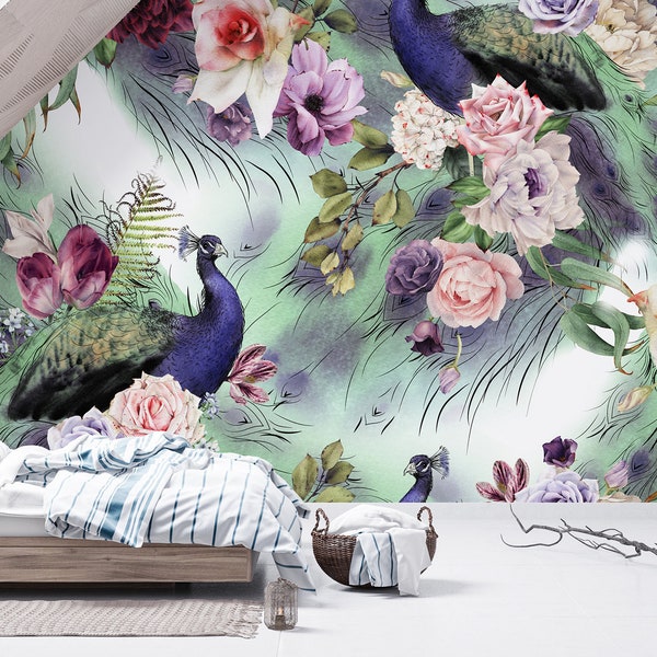 Tropical Flowers and Peacock Wallpaper, Floral Wall Mural, Floral Wallpape  for Living Room, Peel and Stick Peacock Wallpaper, Bedroom Mural