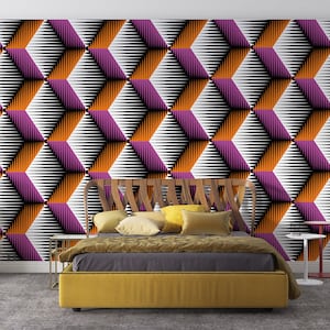 Lila und Orange 3D Look Abstrakte Peel & Stick Tapete, abstrakte unpasted Tapete, VliesTapete, geometrisches Wandbild für Schlafzimmer