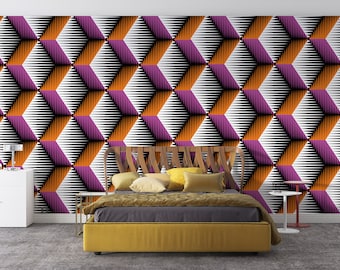 Purple and Orange 3D Look Abstract Peel & Stick Wallpaper, Abstract Unpasted Wallpaper, Non-Woven Wallpaper, Geometric Mural for Bedrooms