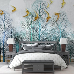 Waldbäume und Vögel Peel & Stick Tapete, Gold Vögel Vlies Tapete, Wald tapete ungemalt, Bäume Wand wandbild für Wohnzimmer