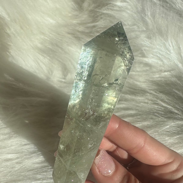 Flashy Prasiolite Tower with Mica & Rainbows / Self Standing Gemmy Prasiolite Wand with Inclusions 91g