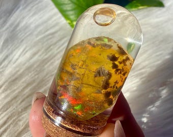Rainbow Flash Ethiopian Water Opal Crystal in Mini Cloche Bell Jar / Rainbow Ethiopian Raw Opal Specimen with free jar 28g