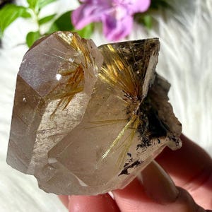 Puede incluir: Un cristal de cuarzo transparente con inclusiones de rutilo dorado. El cristal tiene una forma multifacética con una textura rugosa y natural. Las agujas doradas de rutilo son visibles en todo el cuarzo, creando un efecto visual llamativo. El cristal se sostiene en una mano.