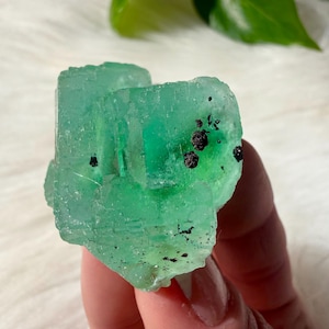 Op de afbeelding: Een levendig groene fluorietkristalcluster met donkere insluitsels. Het doorschijnende mineraal heeft een kristallijne structuur en wordt in een hand gehouden. De fluoriet heeft een natuurlijke, ruwe textuur en is een heldere, opvallende kleur.