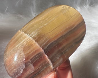 Beautiful Banded Candy Fluorite Palmstone / Banded Yellow Fluorite Palm Stone with Mica Inclusions 112g