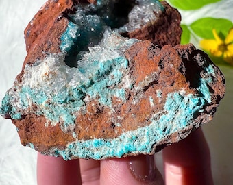May include: A natural mineral specimen featuring a rough, reddish-brown exterior with vibrant turquoise and white crystalline formations. The stone has a geode-like cavity, showcasing the contrasting colors and textures.