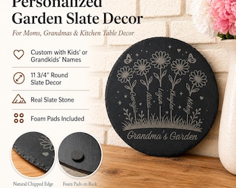 Personalized Garden Slate Decor with Kids Names, Custom Mom or Grandma Gift, Mother’s Day Slate Plaque, Kitchen Table Decor, Real Stone Gift