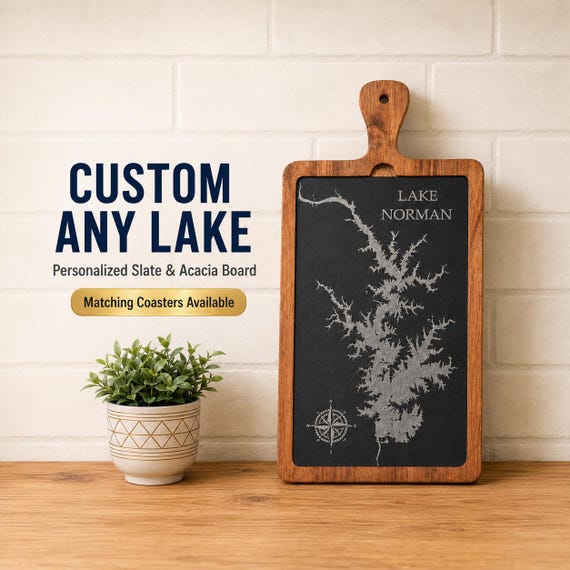 Custom Lake Map Charcuterie Board, Personalized Lake House Gift, Engraved Slate Serving Board, Realtor Closing Gift, Wedding Gift Set