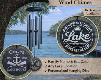 Custom Lake Wind Chimes Personalized, Lake House Gift, Family Name Wind Chime, Lake Map Decor, Realtor Closing Gift, Outdoor Wind Chime