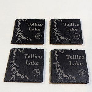 Mappa del lago personalizzata, sottobicchieri in ardesia, sottobicchieri incisi, decorazioni per case sul lago, regali di Natale, set di sottobicchieri, sottobicchieri personalizzati, inaugurazione della casa