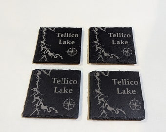 Personalized Lake Map Slate Coaster Set, Engraved Drink Coasters