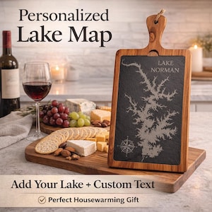 Planche de charcuterie personnalisée avec carte du lac, décoration de cuisine Lake House, vie au lac, cadeau de clôture pour agent immobilier, n'importe quel lac, ensemble gif pour la fête des mères