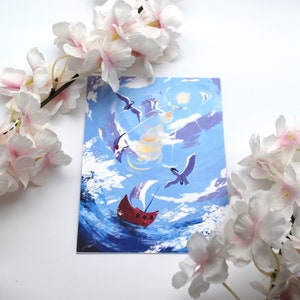 May include: A red sailboat with white sails is sailing on a blue ocean with white clouds and birds flying in the sky. The sky is a light blue with white clouds and the sun is shining.