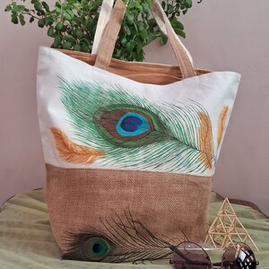 Design, Hand Painted and Hand Sewn by Myself | Peacock Feather Acrylic Paint | Canvas + Jute Tote Bag | Tassels with wooden beads