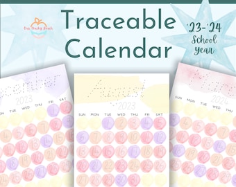 May include: A set of three printable traceable calendars for the 2023-2024 school year. The calendars feature a watercolor background with pastel colors and dotted lines for tracing the numbers.