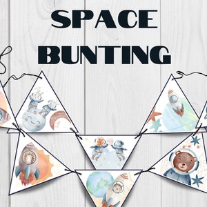 Bunting del espacio exterior - Decoraciones espaciales - Astronauta, estrellas, cohete - Fiesta de cumpleaños espacial
