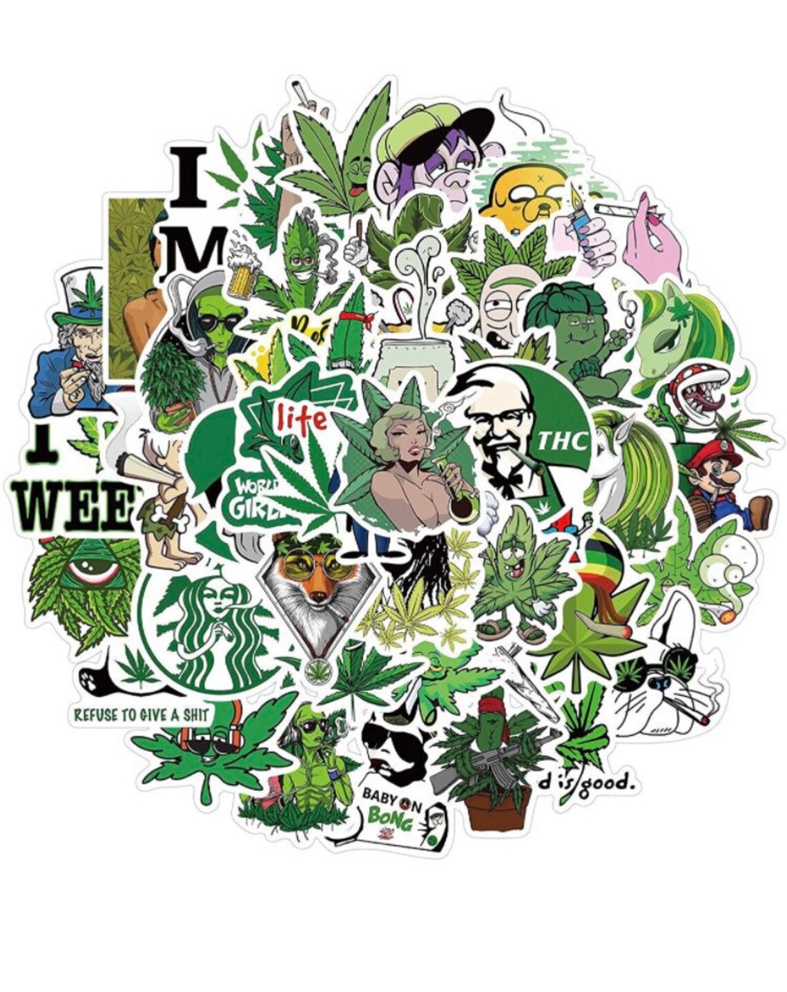 50 Pcs Funny Weed Stickers Cartoon Green Weed Sticker Etsy