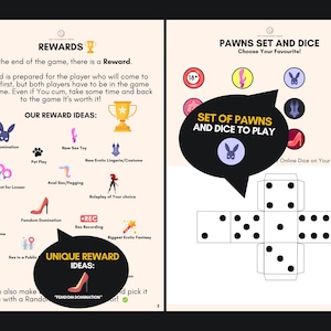 May include: Two pages from a game manual featuring text and illustrations. The left page lists reward ideas with icons like a rabbit mask, high heels, and a trophy. The right page shows circular icons of game pieces and a flat, unfolded paper die template.