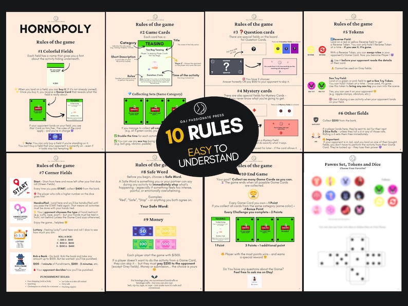 Op de afbeelding: Een meerpagina instructiegids voor het bordspel Hornopoly, met tien regels, voorbeelden van spelkaarten, beschrijvingen van tokens en een dobbelsteensjabloon. Het document heeft een lichtbeige achtergrond met zwarte tekst en groene, roze en blauwe accenten.