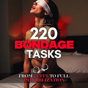 May include: A book cover titled 220 BONDAGE TASKS FROM CUFFS TO FULL IMMOBILIZATION featuring a person wearing a white blindfold and white lace lingerie, with a small icon of metal handcuffs centered below the bold white and red text.