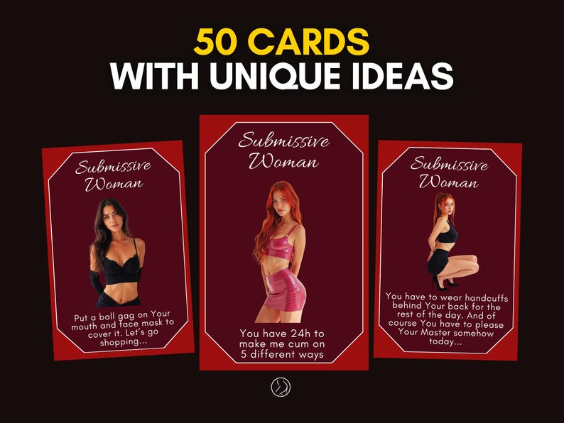 May include: A set of 50 cards with unique ideas, featuring red rectangular cards with white borders. Each card displays the text Submissive Woman and a photograph of a person, along with specific instructions printed in white text on the red background.