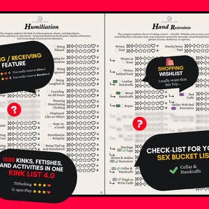 May include: A two-page document titled Humiliation and Hand Restraints featuring lists of activities with rating symbols including crosses, stars, and hearts. The pages contain text, checkboxes, and black speech bubbles with yellow and white text overlays.