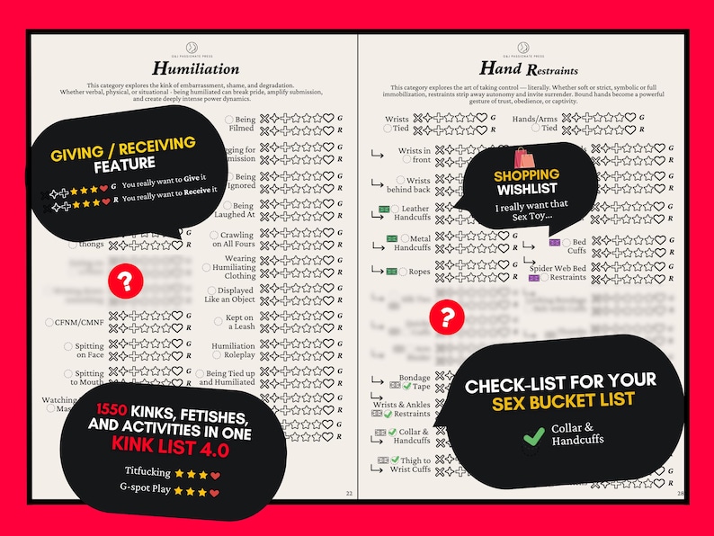 May include: A two-page document titled Humiliation and Hand Restraints featuring lists of activities with rating symbols including crosses, stars, and hearts. The pages contain text, checkboxes, and black speech bubbles with yellow and white text overlays.
